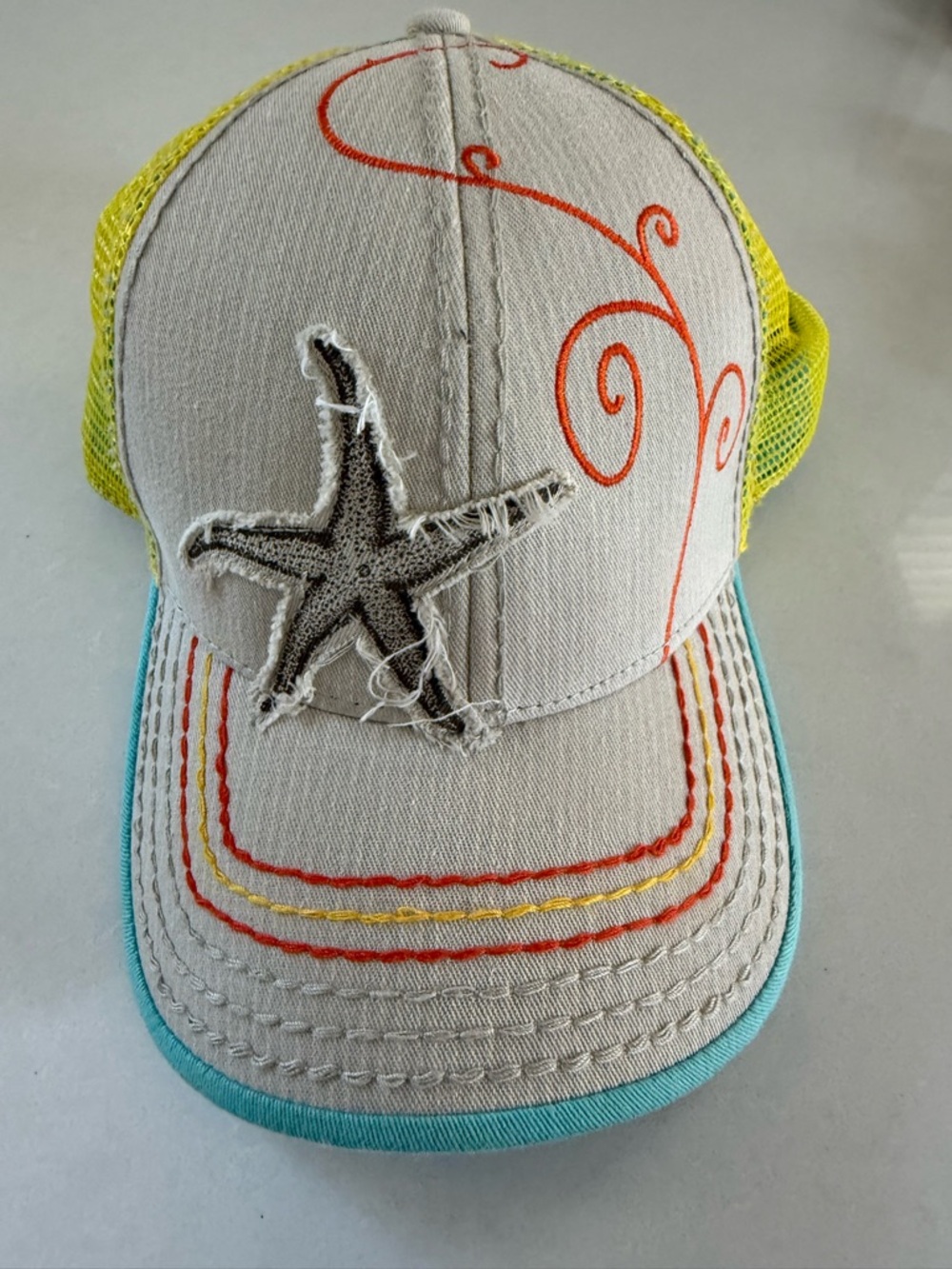 pistil Beige and Yellow Starfish Trucker Hat with Turquoise Trim